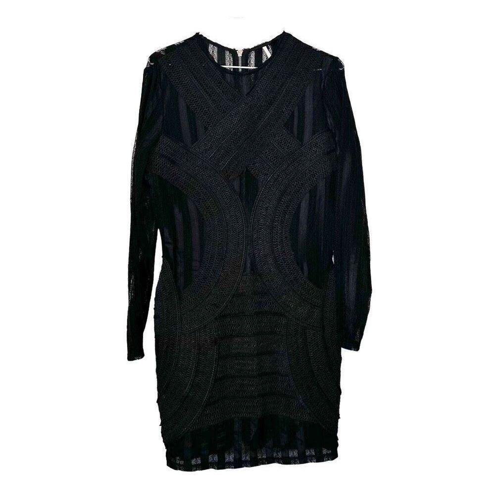 Topshop Back Zip Long Sleeve Fitted Sheer Panelled Mini Dress Black Size 10